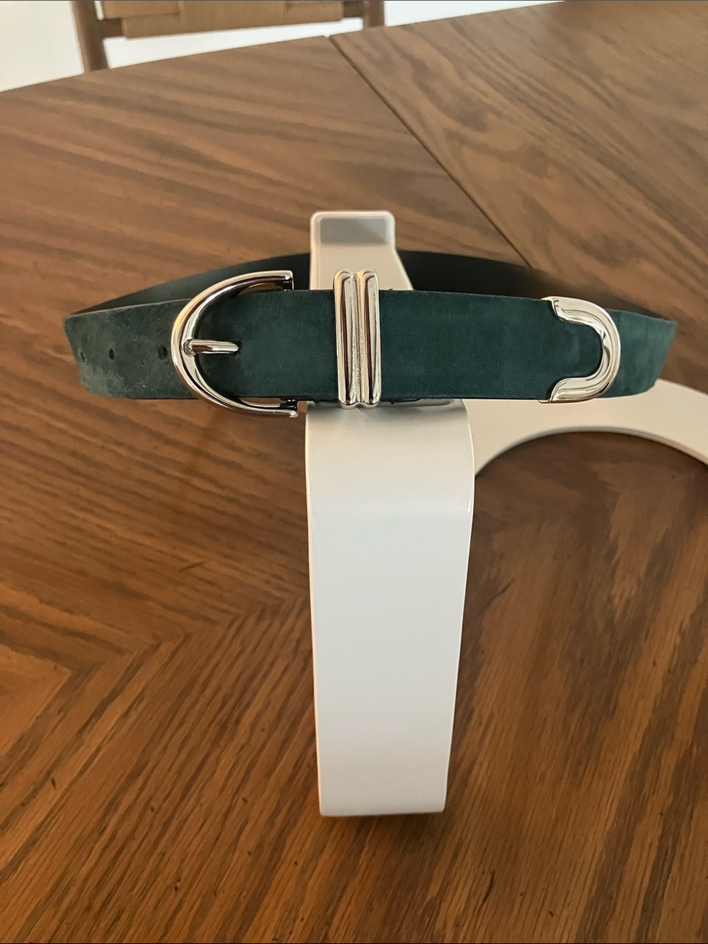 KHAITE Dark Green Suede Belt with Silver Hardware